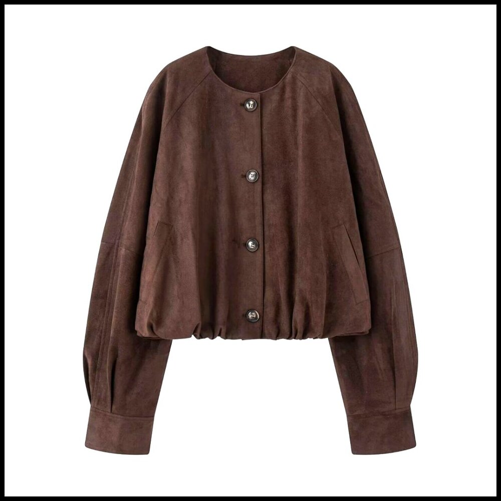 Oversized Faux Suede Bomber Jacket Gathered Hem Short Length Button Closure - Picture 1 of 7